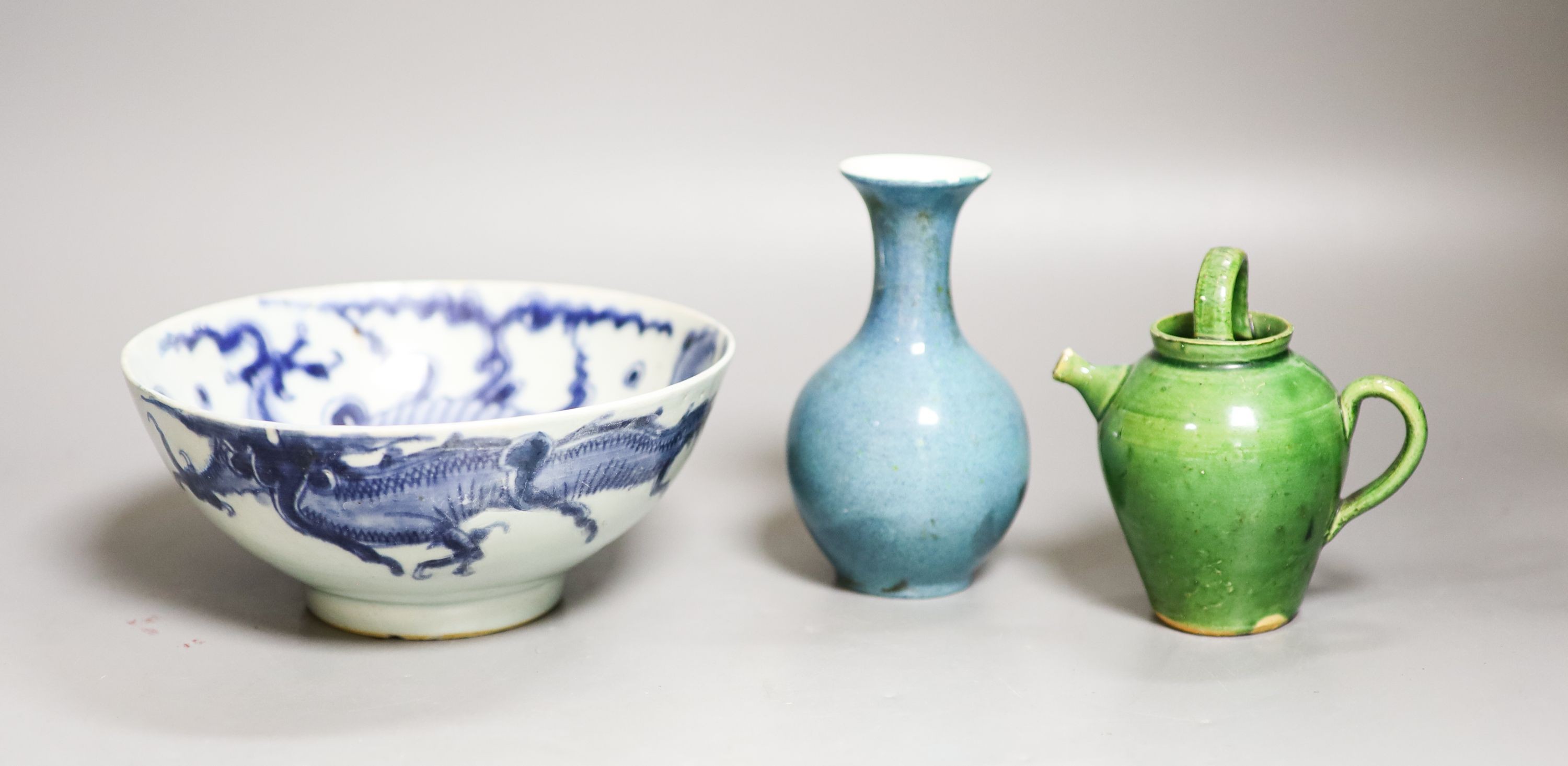 A Chinese robin’s egg glazed vase, a Chinese blue and white ‘dragon’ bowl and a green glazed water pot 18cm